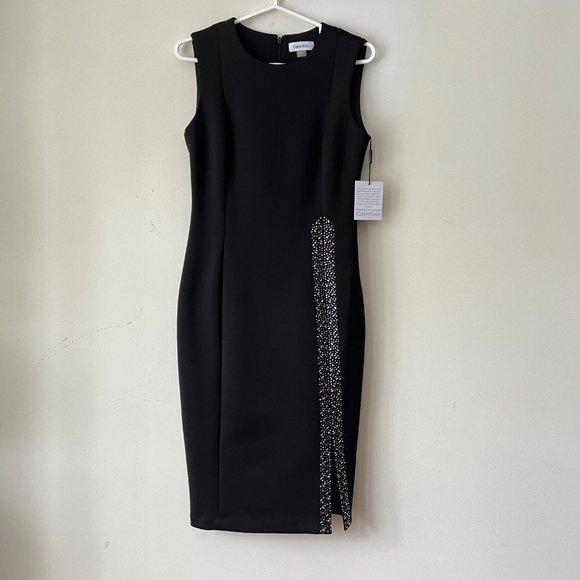 NWT Calvin Klein Black Embellished Sheath Cocktail Dress w/ Slit Size 4 - Picture 7 of 16